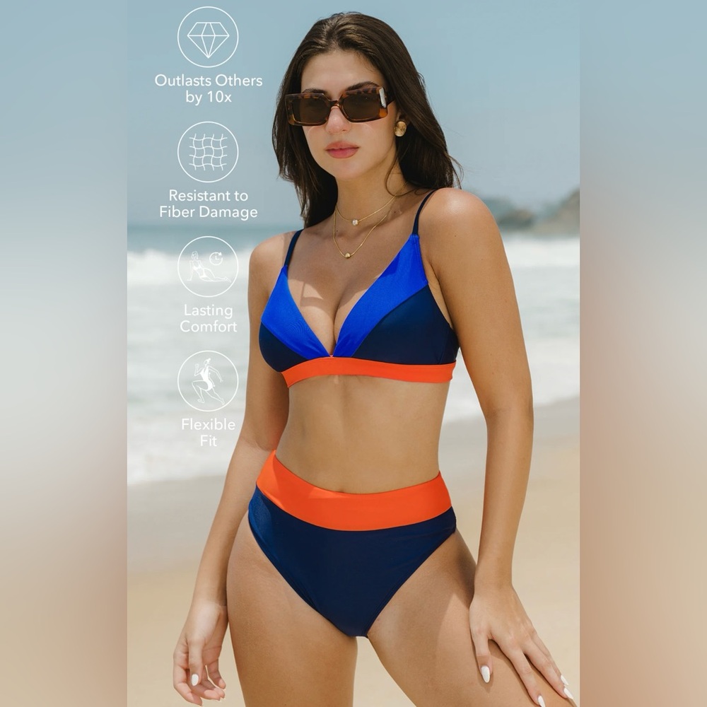 Lycra Colorblock Plunging V-neck Triangle Top & High-Rise Bottoms Set